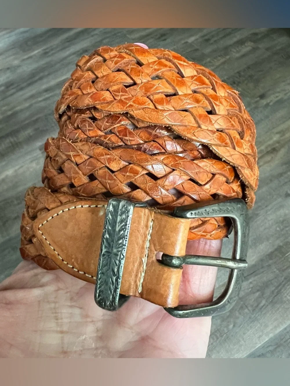 Vintage Braided Genuine Leather Belt - Tan size large Silver accents